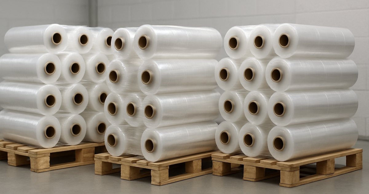 Pallets of transparent PVC and PE cling film jumbo rolls staged for container loading at an export warehouse