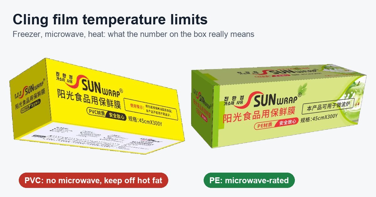SUNWRAP PVC cling film box with a no-microwave warning beside a SUNWRAP PE cling film box marked microwave-safe