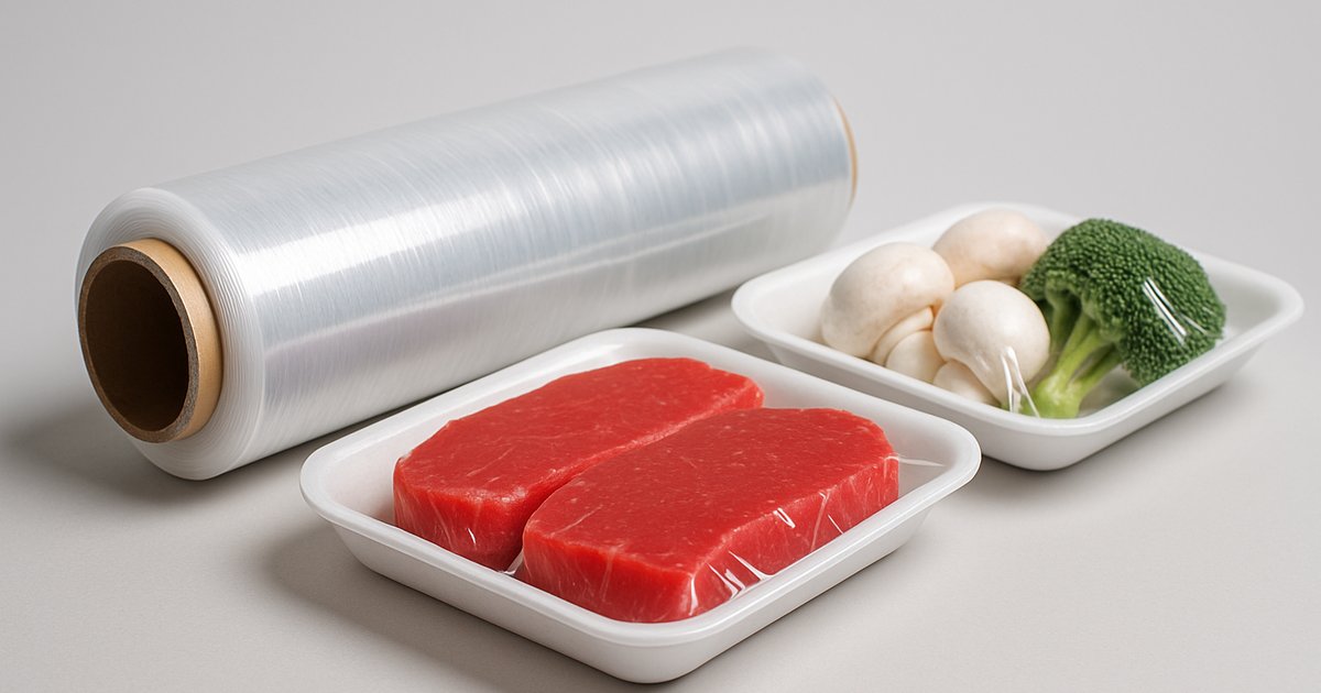 Roll of transparent food grade ventilated stretch film beside supermarket foam trays of fresh red meat and produce