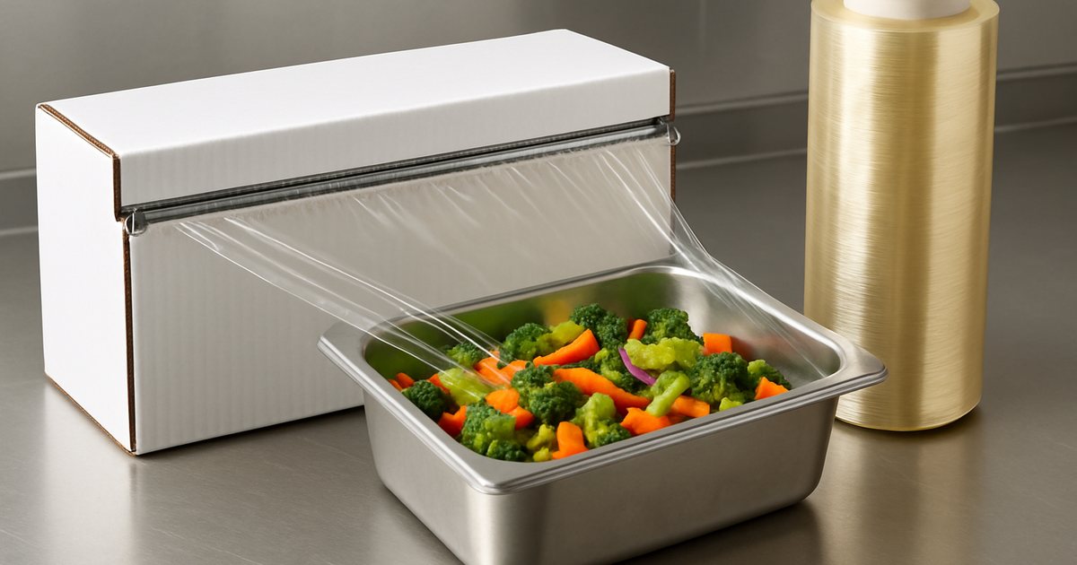18 inch PVC foodservice film dispensing from a white cutter box over a stainless steel hotel pan