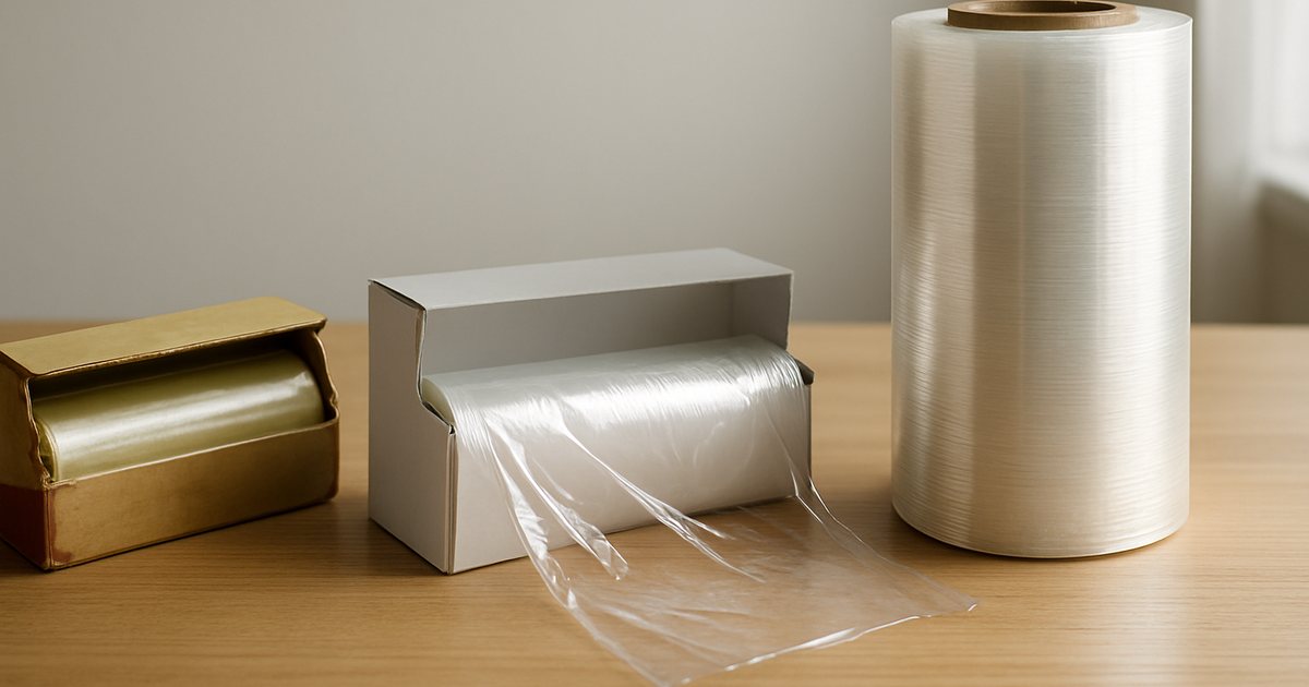 Vintage box of plastic food wrap next to a modern cling film box and an industrial jumbo roll of PVC cling film, showing the history of cling film