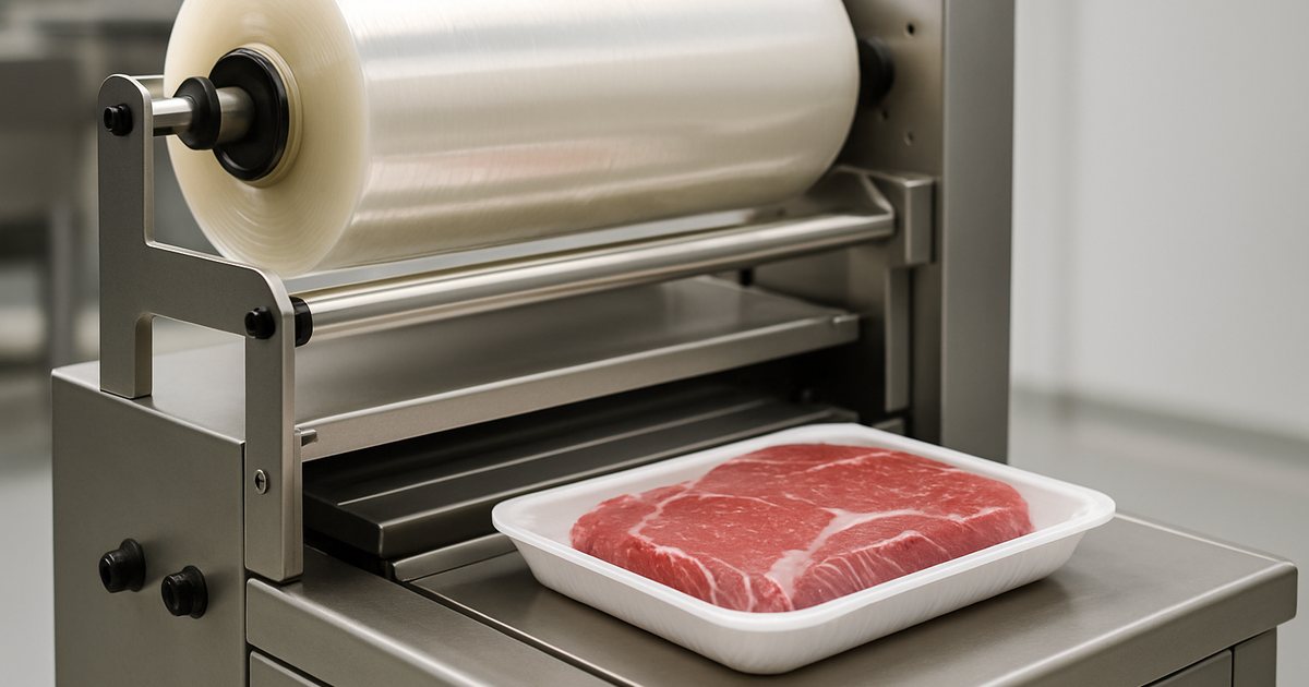 Roll of machine grade PVC cling film loaded on an automatic tray overwrapper sealing a supermarket meat tray