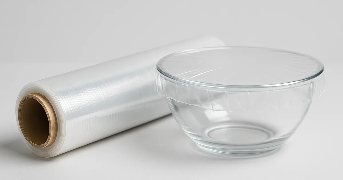Roll of high-cling transparent PVC food film beside a glass bowl sealed drum-tight with cling film
