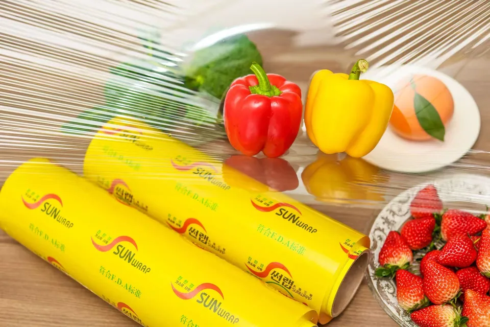 Large PVC cling film jumbo rolls on pallets at the SUNWRAP factory in Ningbo, ready for container loading